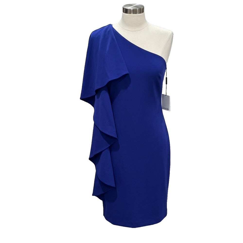 Calvin Klein Dress Size 8 Cobalt Blue One Shoulder Ruffle Sheath New Cocktail